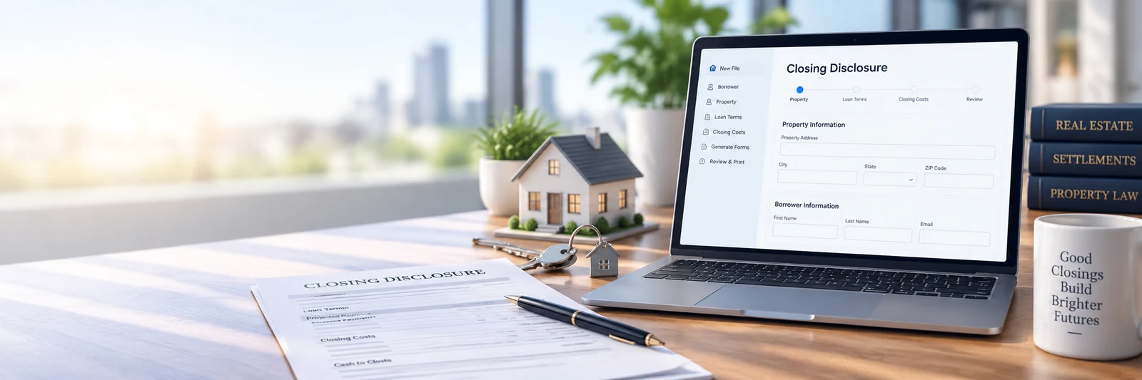 Real estate closing workspace representing CFPB Closing Disclosure Software