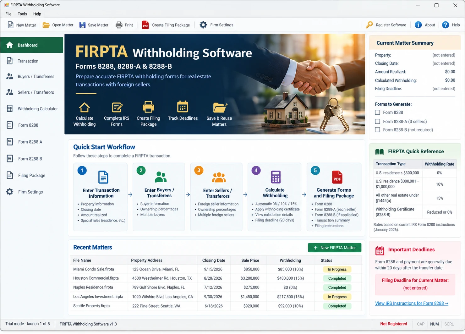 Actual FIRPTA Withholding Software dashboard