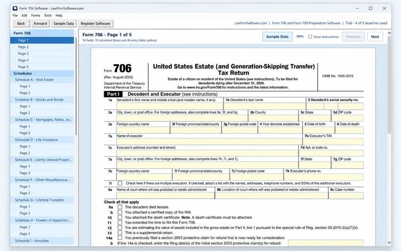 Form 706 page inside Form 706 and 709 Software