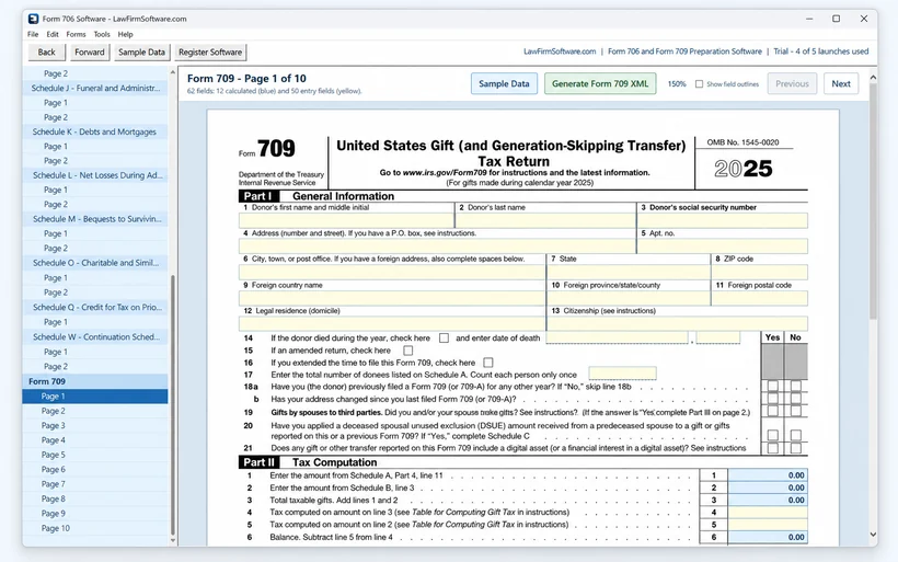 Form 709 page inside Form 706 and 709 Software