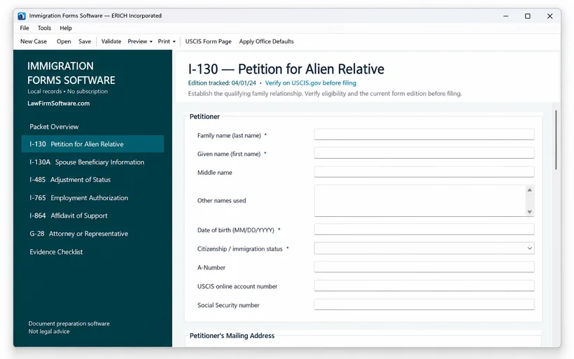 I-130 Petition for Alien Relative screen inside Immigration Forms Software