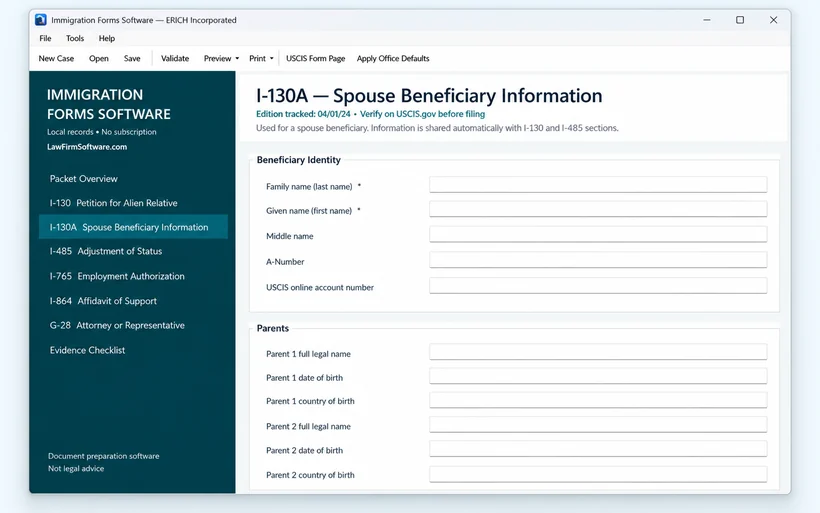 I-130A spouse beneficiary information screen inside Immigration Forms Software