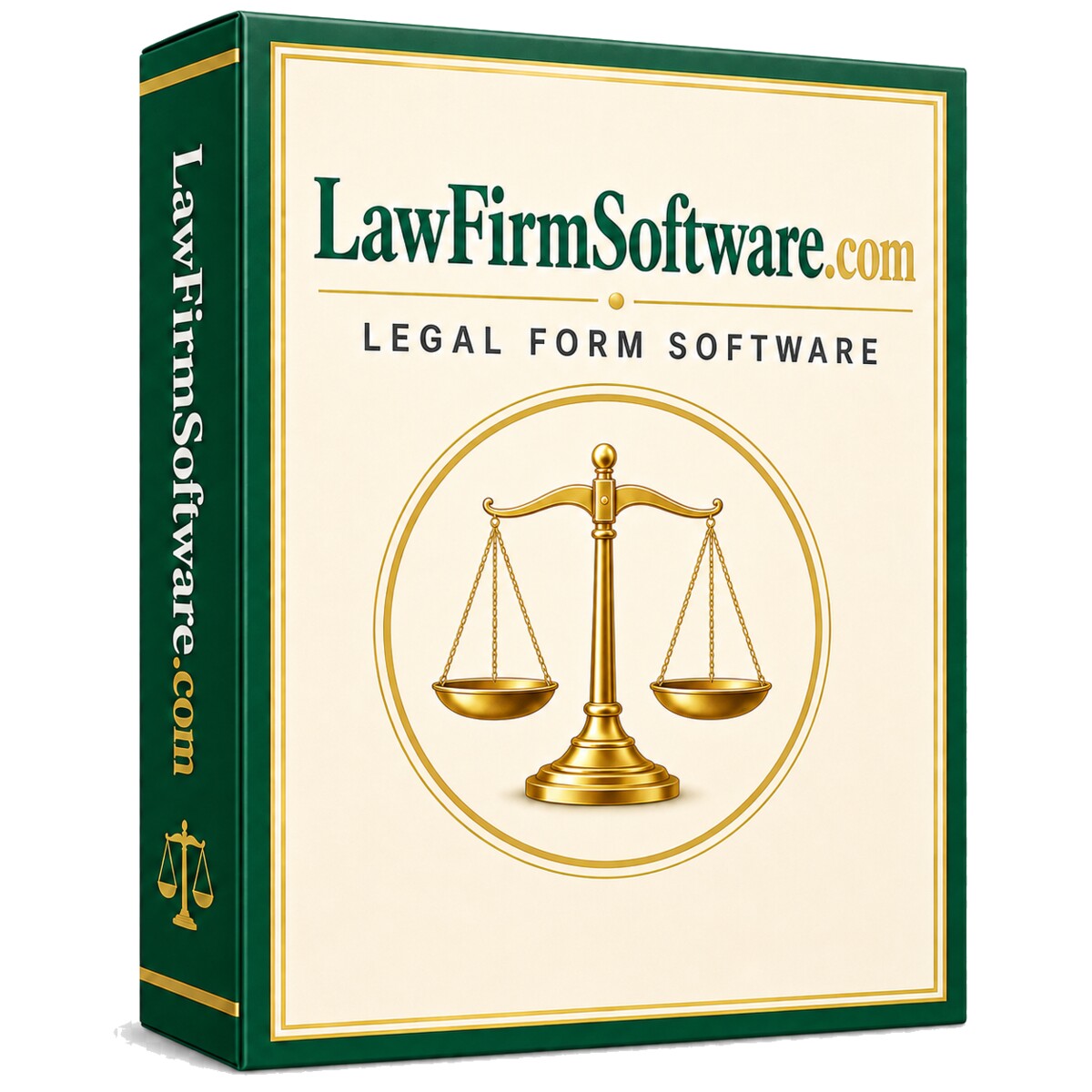 Green, cream and gold LawFirmSoftware.com Legal Form Software box with scales of justice